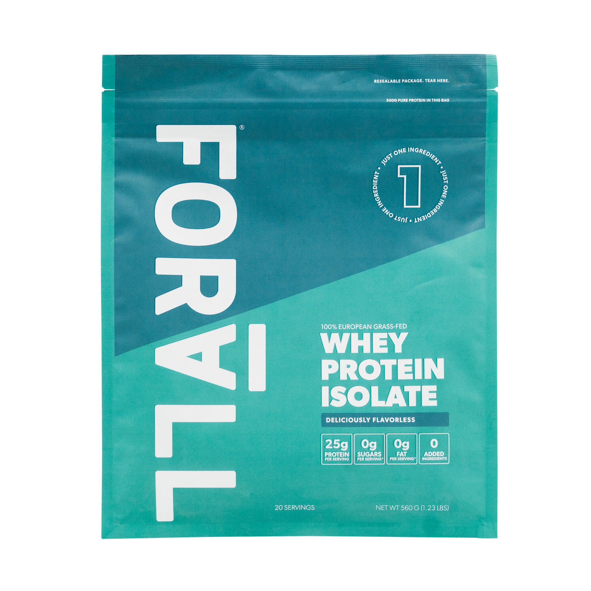 FORALL whey protein isolate bag, front